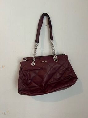 Nine West Quilted Burgundy Satchel Bag Gold Chain Handles Logo Accent Women